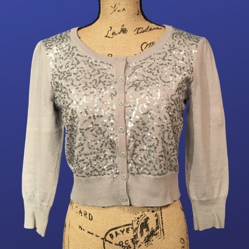 STYLE & CO. Cropped Cardigan Sweater, GRAY Sequin, Women’s SMALL, EUC - Picture 1 of 8